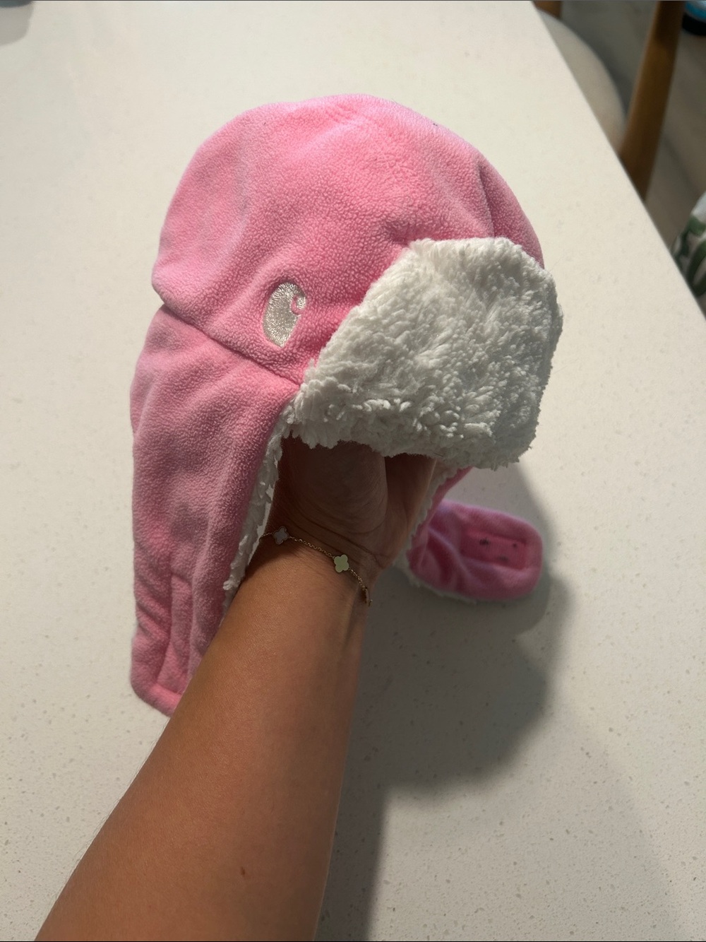 Carhartt Pink Fleece Trapper Hat with White Sherpa Lining - Velcro works great